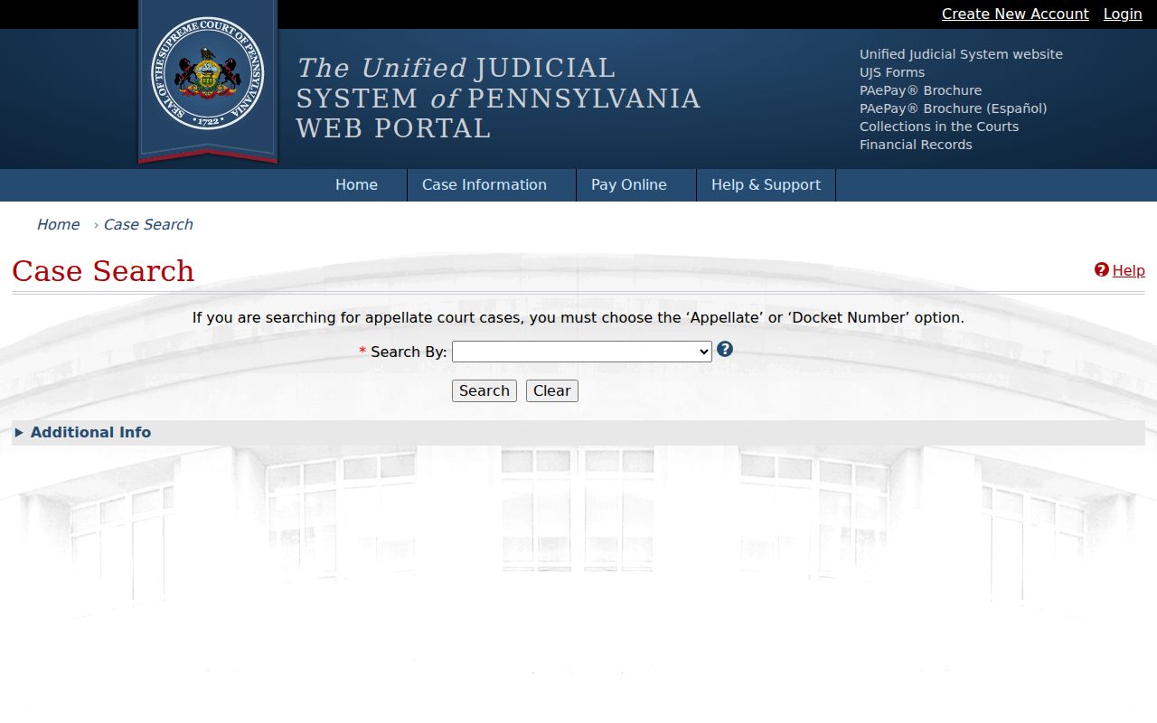 Pike County criminal court case search fields in the UJS portal